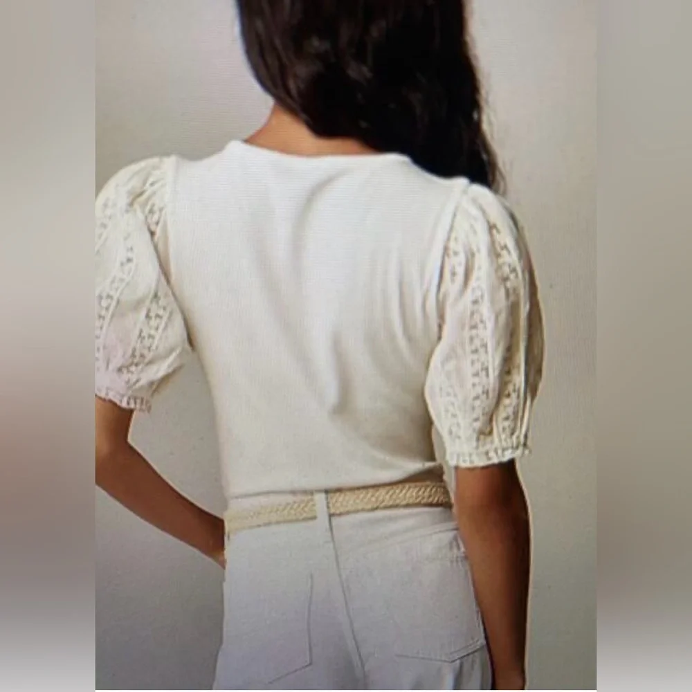 J. Crew Vintage Rib Top with Lace Puff Sleeves in Natural